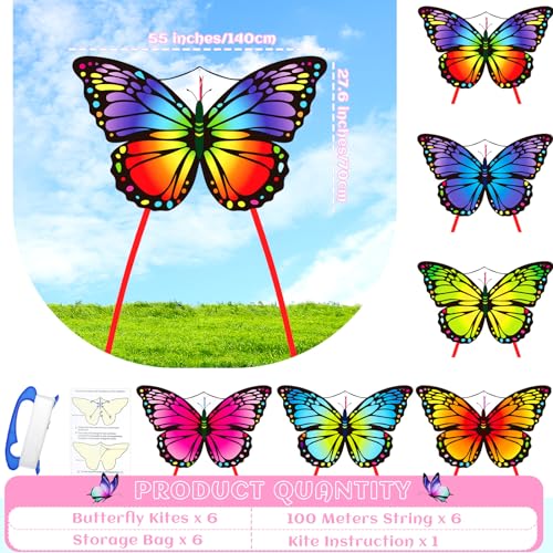 Silipull 6 Pcs Kites Butterfly Kite 55\" x 28\" Large Kites with 328ft String Colorful Beach Kite for Adults Beginner Outdoor Supplies