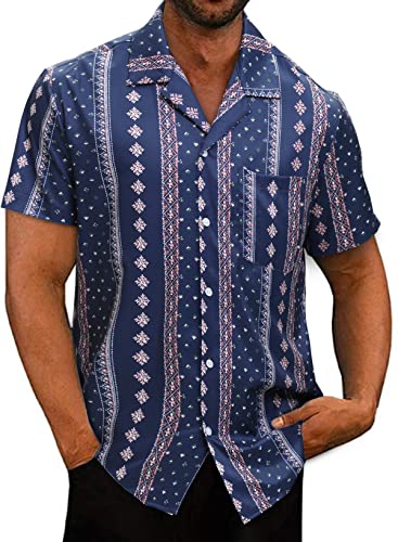 AlvaQ Mens Floral Hawaiian Shirts Short Sleeve Mens Summer Shirts Casual Button Down Beach Shirts with Pockets, Blue, 2XL
