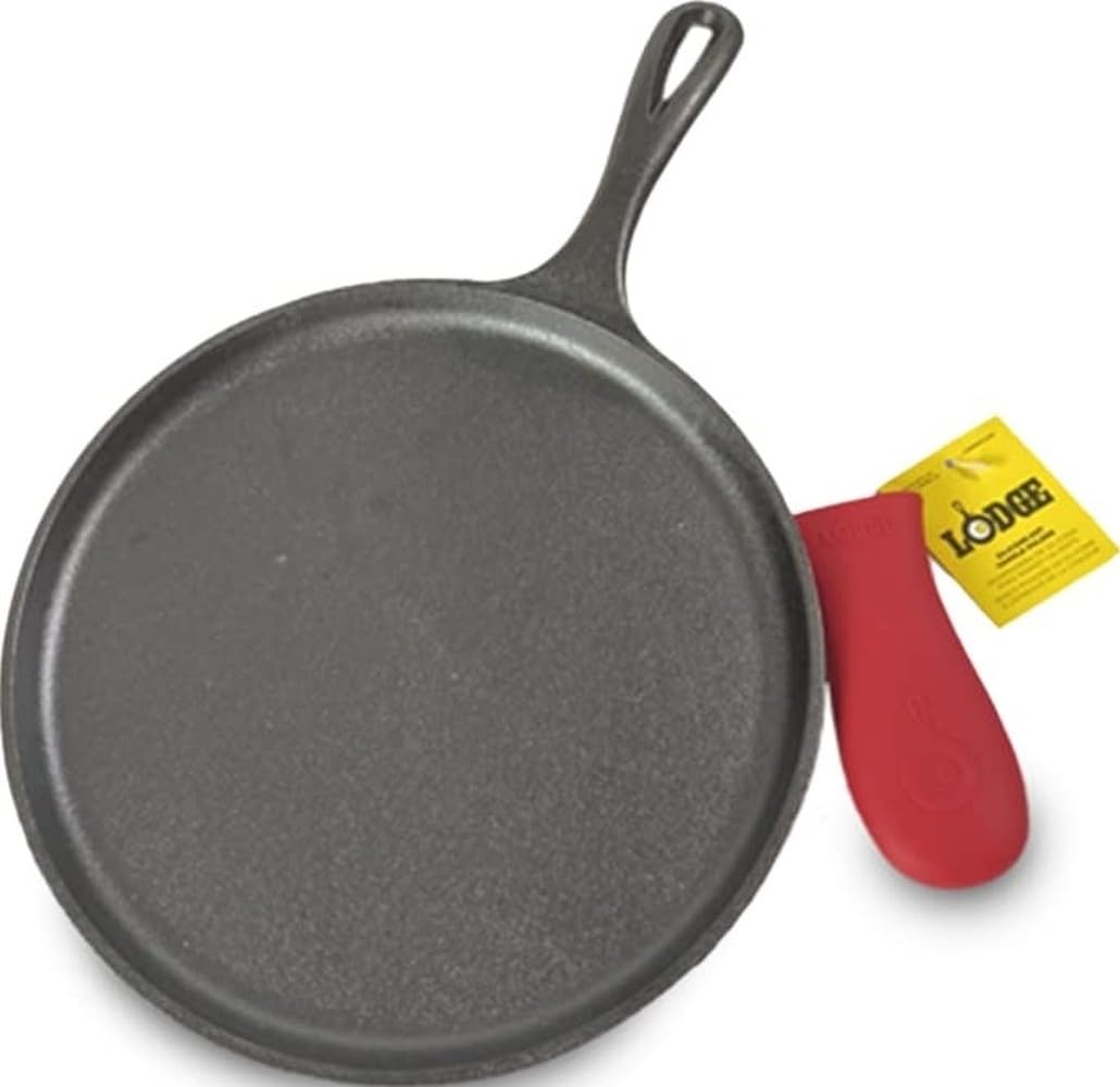 Lodge Parrilla de hierro fundido negro/rojo de 26,6 cm y soporte de agarre caliente