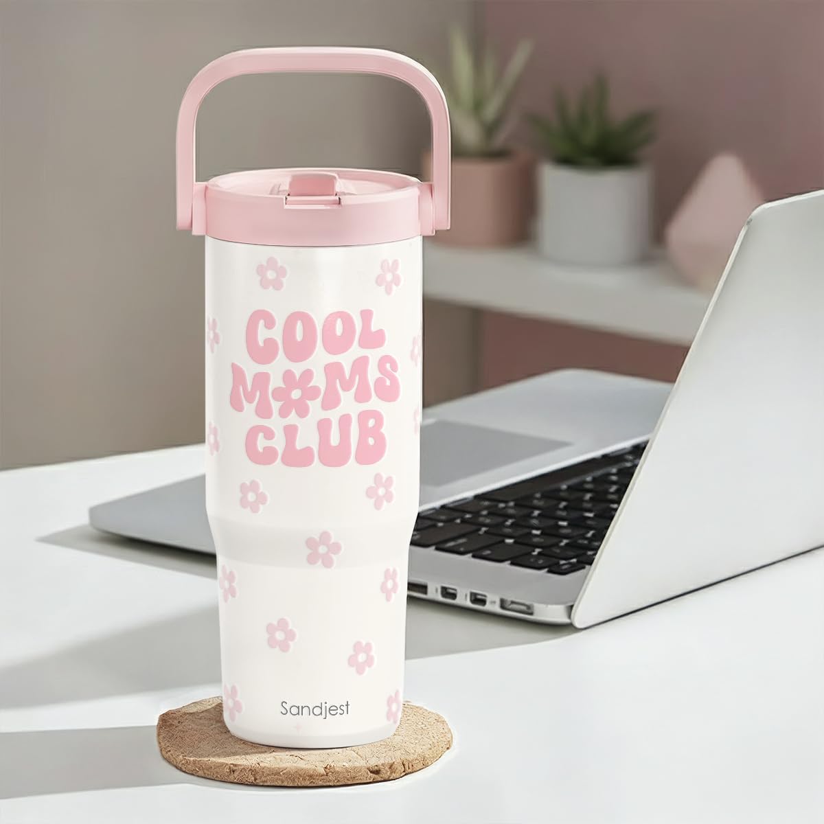 SANDJEST Mom Stainless Steel Straw Lid Tumbler 30oz with Carry Handle for Women, Cool Mom Club Insulated Travel Coffee Cup, Gift for Sports Outdoor Mother's Day Christmas Birthday