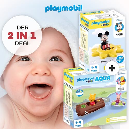 Playmobil 71415 1.2.3 & Disney: Winnies & Ferkels Wasserabenteuer Spielset – für Babys und Kleinkinder, inkl. Boot und Wasserbahn + Playmobil 71321 1.2.3 & Disney: Mickys Drehsonne mit Rasselfunktion