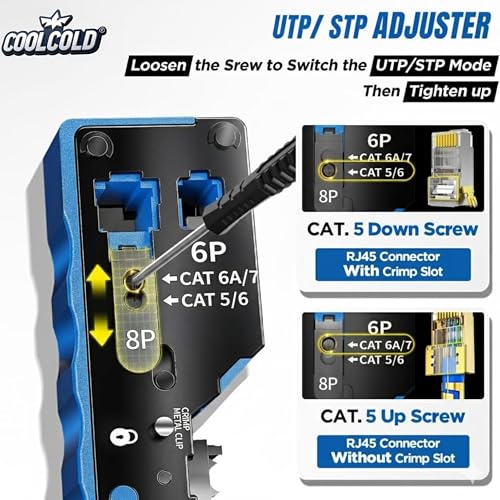 Image of COOLCOLD RJ45 Crimping Tool Kit | Pass Through Ethernet Crimper for Cat7 /Cat6A /Cat6 /Cat5E /Cat5 - Includes Universal Stripper, 10 Cat6 Connectors, 10 Covers & Network Cable Tester with 9V Battery