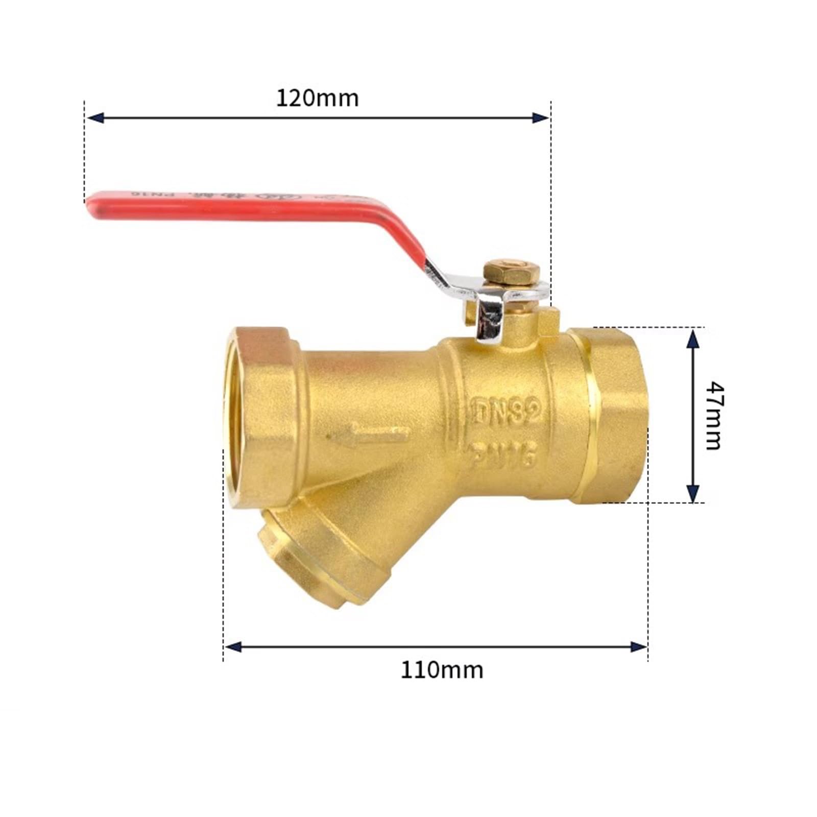 Zagęszczony mosiężny zawór kulowy, filtr Y Podciśnieniowy zawór do oczyszczania wody z kranu do użytku domowego 25 mm, 32 mm, 38 mm, 47 mm, 55 mm, 67 mm Zawór kulowy z filtrem(47mm)
