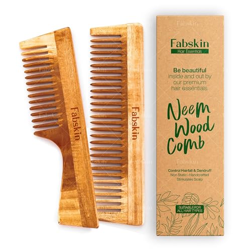 Image of Fabskin Neem Wooden Comb Set of 2 For Men & Women | Detangling, Frizz Control & Shine | Handle & Wide Tooth Comb | For All Hair Types