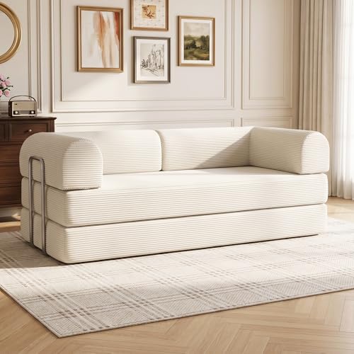 GRAVFORCE Convertible Sofa Bed Comfy Corduroy Boneless Sofa with Metal Frame Modular Sectional Folding Mattress Sofa Bed for Small Spaces Livingroom Beige 158cm King Size