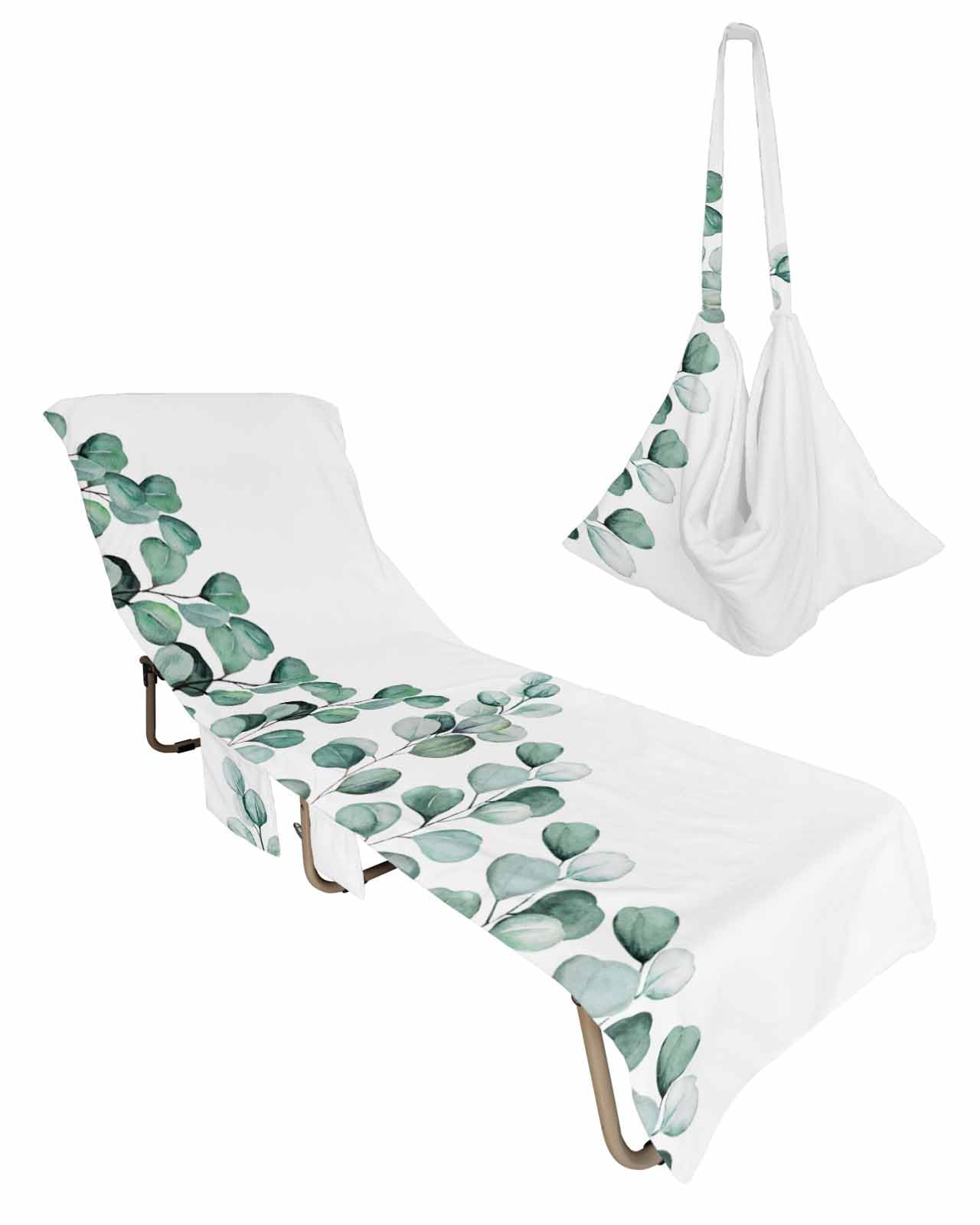 Teal Eucalyptus Leaf Beach Lounge Chair Towel Cover, Soft Chaise Lounge Towel with Side Pockets Patio Pool Chairs Cover for Beach/Pool Sunbathing 29x85 Watercolor Green Botanical