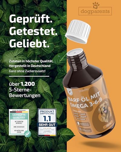 5-in-1 Barf Öl Hund [Made IN Germany, 100% NATÜRLICH & LABORGEPRÜFT] – Omega 3-6-9 Komplex mit Premium Lachsöl, Leinöl, Rapsöl & Borretschöl – Kaltgepresstes Futteröl (250ml)