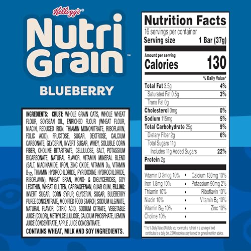 Nutri-Grain Breakfast Bars, Made with 10g Whole Grains, Snack Bars, Blueberry, 20.8oz Box (16 Count)