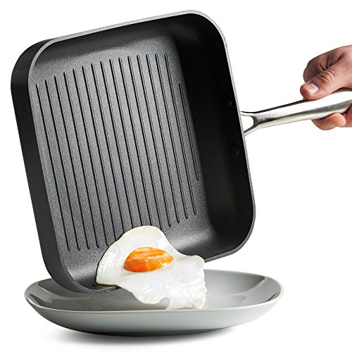VonShef Aluminum Square Grill Fry Pan Premium Non-stick Hard Anodized Ridged Cookware, Induction Compatible, Safe for Stove and Oven- 10 Inch, Gray