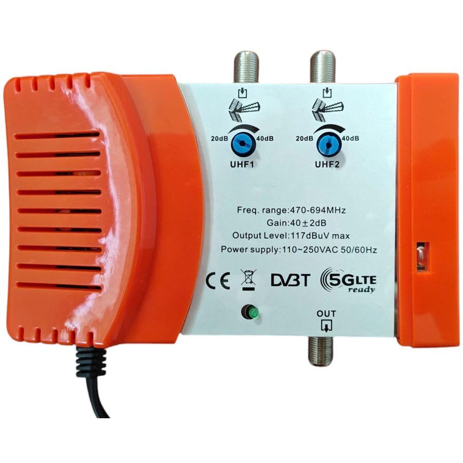 Centralina TV da interno 2 ingressi UHF regolabili – guadagno fino a 40 dB, filtro 4G/5G, alimentazione 12 V – connettori F, livello uscita fino a 125 dBμV