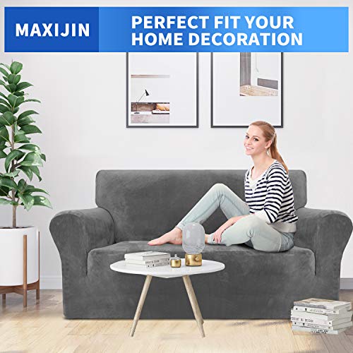 MAXIJIN Thick Velvet Sofa Covers for 2 Cushion Couch Super Stretch Loveseat Covers for Living Room Dogs Cat Pet Plush Love Seats Couch Slipcovers Elastic Furniture Protector (Loveseat, Gray) - Image 3