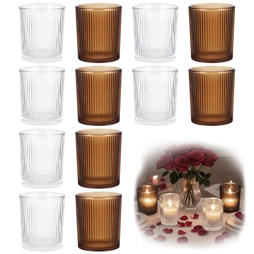 Hejo 12 Piezas Portavelas de Cristal, Portavelas de Vidrio Acanalado, Pequeño Portavela de Té Transparentes para Festivales, Cenas, Decoración del Hogar y Decoración de Navidad (Transparente y Ámbar)