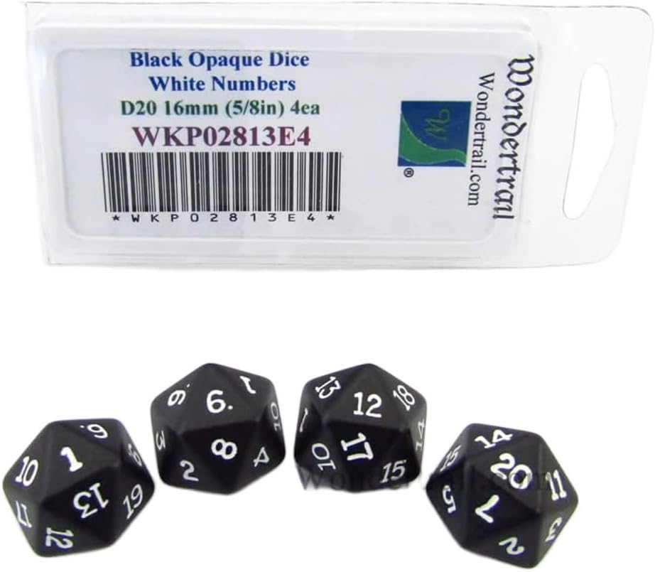 Black Opaque Dice with White Numbers D20 16mm (5/8in) Pack of 4 Wondertrail