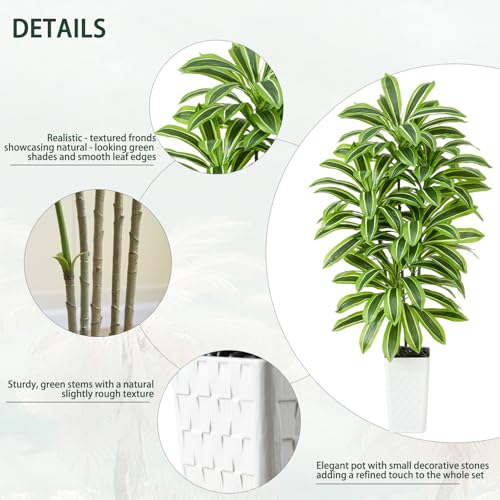 Image of Artificial Yellow Dracaena Tree Indoor, 5FT Tall Fake Floor Plants with White Planter & Pebbles, Faux Silk Yucca Tree for Home Office Living Room Bedroom Farmhouse Modern Outdoor Topiary Tree