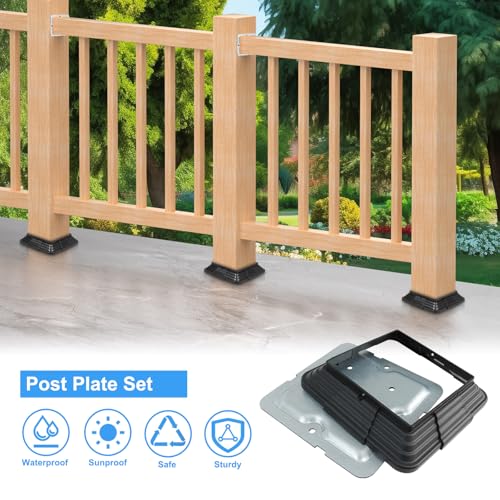 6Pcs Wood Post Plate Connector,(Actual 4\"x4\") Decking Post Base Connector,Wood Fence Post Anchor Base，Comes with 6Pcs Matching Plastic Post Base Covers. - Thumbnail 3