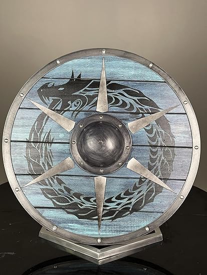 Bouclier dragon | Bouclier viking authentique en bois porté par la mythologie nordique Valhalla | Bouclier guerrier médiéval bleu/noir