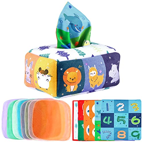 BBLIKE Babyspielzeug Montessori Spielzeug Sensorik Spielzeug Baby Dinosaurier Tissue Box Spielzeug mit 8 Farbiges Tuch und 6 Knisterpapier Babyspielzeug ab 6 7 8 9 10 Monate Mädchen Junge (Tier)