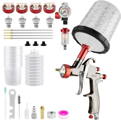 R500 LVLP Air Spray Gun with 10pcs 650ml Disposable Cups 1.3/1.5/1.7/2.0mm Nozzles, Automotive Paint Guns R500 Paint Gun Sprayer for House Painting, Car, Furniture