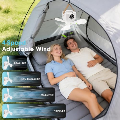 FIALAME Wireless Ceiling Fan with Lights and Remote, USB Rechargeable Camping Fan, 9.25" Portable Tent Fan with 4 Speeds, Timer, Battery-Powered for RV, Truck, Rooftop Tent, Travel, and Camping (White) - Image 3