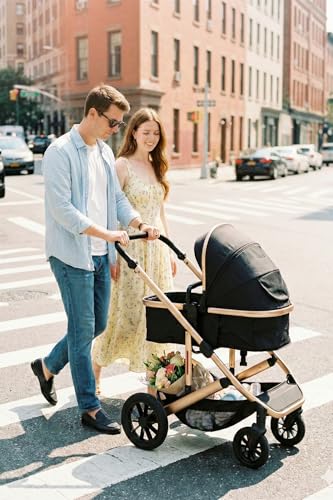 Image of INFANS 2 in 1 Baby Stroller, Folding Newborn Pram Convertible Bassinet for Infant Foldable High Landscape Shock Absorption with Reversible Seat Aluminum Structure for Pushchair (Black Upgrade)
