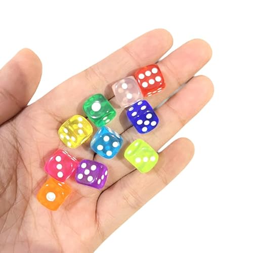 100 Pieces Dices 10mm 1cm Small Clear Transparent Game Dice Set 6 Sided D6 Round Corner Dices for Board Game(10colors,Each Color 10PCS)