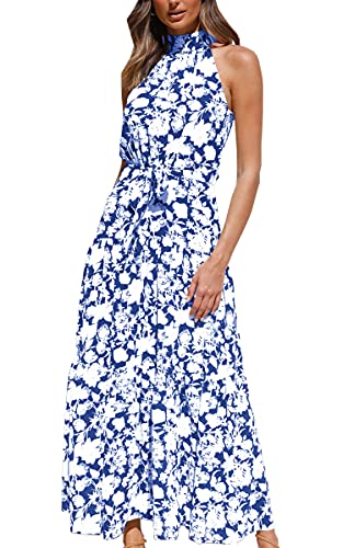 ECOWISH Women Dress Halter Neck Boho Floral Print Sleeveless Casual Summer Maxi Dresses with Belt 161Blue Floral Small