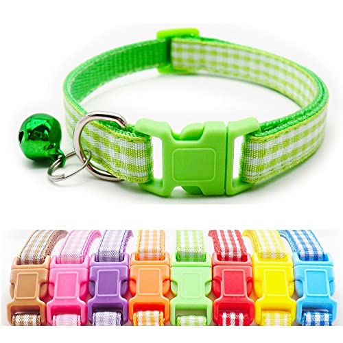 Small Dog Puppy Pet Collar Check Checkered Design with Bell Nylon Adjustable Size 19-32cm Green