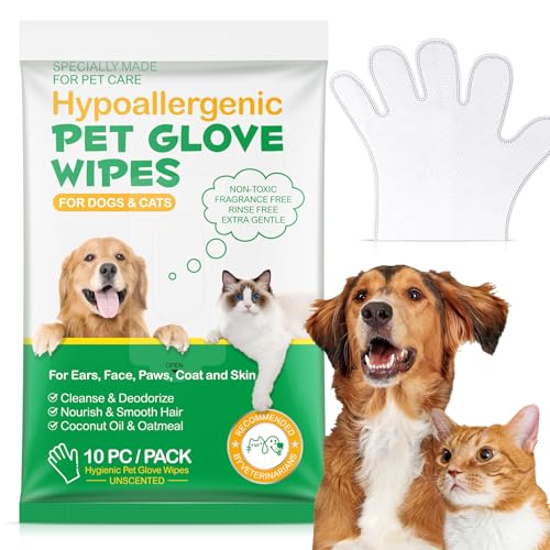 Image of Pet Glove Wipes UNSCENTED for Dogs and Cats No-Rinse, Deodorizing, Grooming Gloves for Paws, Face, Butt, and Legs, Portable Travel-Friendly, Family Stockpile, 10 PCS Hypoallergenic Wipes
