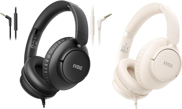 KVIDIO Wired Headphones with Microphone, Over Ear Lightweight Foldable 3.5mm Plug in Corded Headphones Wired with Volume Control, Black and Beige