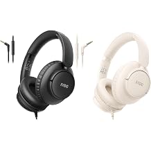 KVIDIO Wired Headphones with Microphone, Over Ear Lightweight Foldable 3.5mm Plug in Corded Headphones Wired with Volume Control, Black and Beige