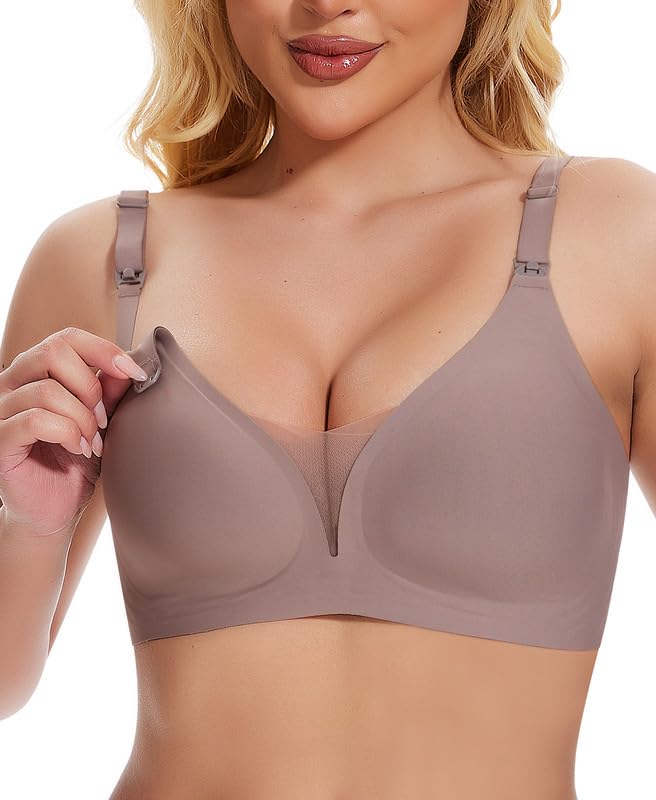 Cavotor Nursing Bras for Women Wireless Comfort Support Maternity Bra for Pregnancy & Breastfeeding Seamless Padded Lace Bralette with Extra Extender (Coffee XL)