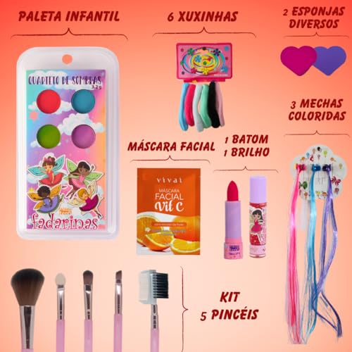 Maleta de Maquiagem Infantil Kit Completa 8 Itens Paleta de Sombras Pincéis Esponjas Xuxinhas Cores