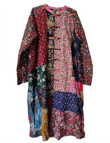 NFYM Women\'s Trench Coat Long Cotton Linen Floral Print Jacket Cottagecore Clothing Patchwork Outwear Each Piece Unique (Vintage, XL)