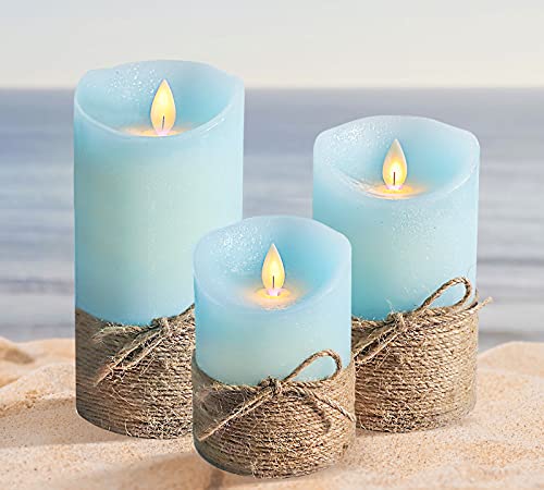 Image of Ocean Blue Flameless Candles, Nautical Themed Led Pillar Candles with Remote & Timer, Decorative Flickering Candles for Gifts, Party, Wedding, Home Decorations - Set of 3
