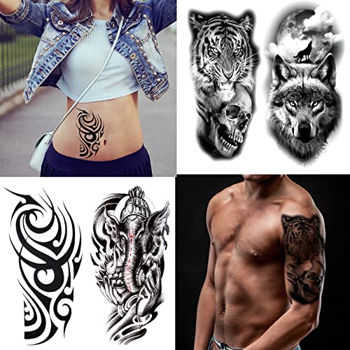62 Sheets Temporary Tattoos Stickers, Fake Body Arm Chest Shoulder Tattoos For Men And Women, Halloween Temporary Tattoos Black Fake Skull Skeleton Tattoos For Halloween Cosplay #TOP5