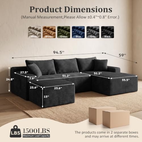 Image of Boneless Couch, U-Shape Corduroy Sectional Sofa, Black