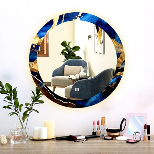 Image of NEVEX Glass Round 24x24 Inch Decorative Art Unique UV Printed Smart LED Mirror with 3 Color Lights (Warm White, Cool White & Natural White) | Fancy Wash Basin Wall Mirror for Modern Home Decor