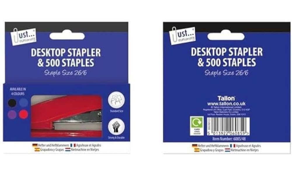 Stapler with 500 No 26 Staples, Assorted Colours