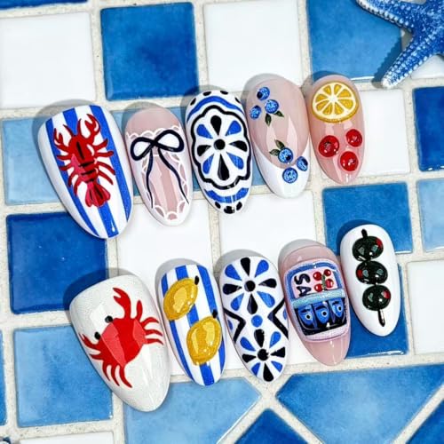 30pcs Summer Beach Press on Nails Short Almond Fake Nails Lobster Crab Fish Design 3D Cute Lemon Blueberry Tomato Fruit False Nails Ocean Artificial Nails Full Cover Glue on Nails for Women
