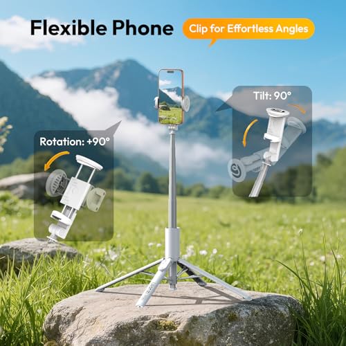 Image of ULANZI MT86, 60 inch Automatic Phone Tripod Stand with Wireless Remote, Adjustable Auto‑Open Selfie Stick for iPhone Android, Portable Extendable Travel Tripod for Selfie /Vlogging, White | Auto-Open Anti-Slip Base Aluminum Stand with Cold Shoe Bluetooth Controller, Lightweight for vlog TikTok Live Stream Travel