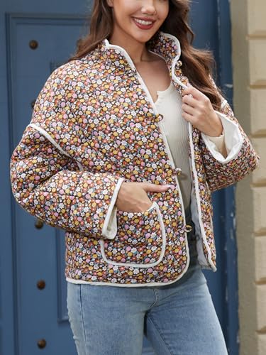 Muchpow Quilted Puffer Jacket for women Floral Printed Lightweight Cropped Button Down Outerwear with Pockets4