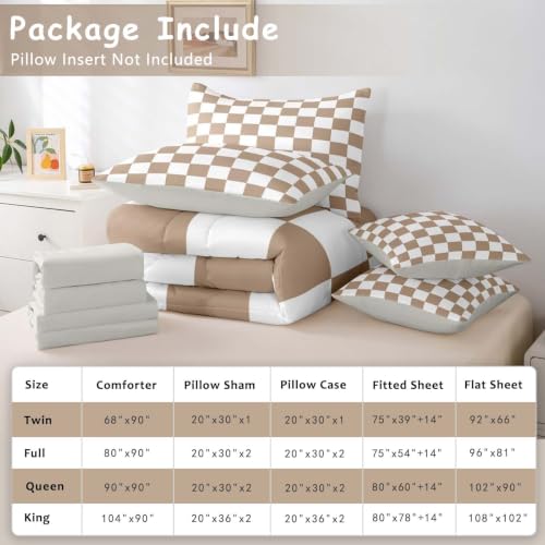 Image of Feelyou Checkered Queen Comforter Set with Sheets for Kids Boys Girls Brown Plaid 7 Pieces Bedding Set Vintage Checkerboard Geometric Bed in a Bag Reversible Grey Room Decor Soft