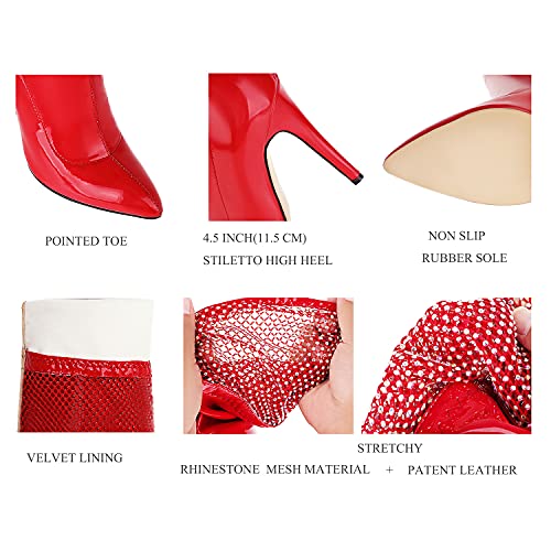 Lehoor Women Stiletto High Heel Pointed Toe Red Thigh High Boots Leather Mesh Rhinestone Stretch Over The Knee Boots Pink Elastic Leg Patchwork Go Go Boots Sexy Costume Fashion Casual Red 12 M Us #TOP2