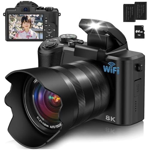 YOODEE 8K WIFI デジタルカメラ スマホに送れるデジカメ 8800万画素 タッチスクリーン デュアルレンズ 4800万CMOSセンサー 64GBMicroSDカード付き 6軸手ぶれ補正 オートフォーカス 16Xズーム バッテリー2個付属 首掛けストラップ付き 3.2インチ大画面 ダークブラック