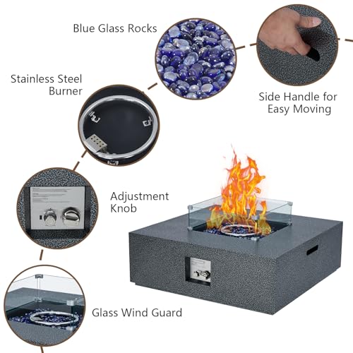 2-Piece Outdoor Propane Firepit Table Set w Tank Table, 36 in Square Gas Fire Pit Table w 16 in Tank Side Table, 50000 BTU Gas Firepit Table w Removable Lid, Wind Guard, Blue Glass Rocks, Rain Cover