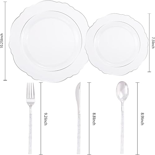 Miniatura 2 de Liacere 150 platos de plástico plateado transparente y cubiertos desechables de plástico plateado con mango de bambú con purpurina, platos