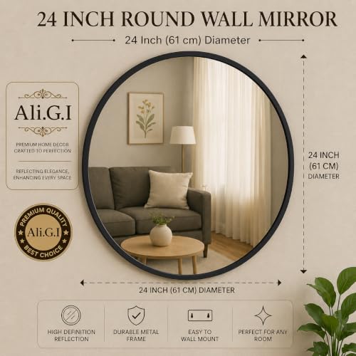 Image of Round Wall Mirror in Gold I Metal Frame Mirror I Modern Design Metal Frame Mirror in Medium Size I Bathroom Wash Basin, Bedroom, Drawing Room (Black 24 inch)
