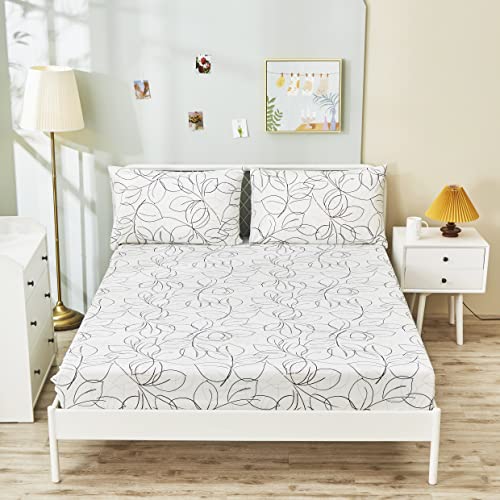 Tache Home Fashion TJ3571-FIT-F Tache White Leaf Fitted Sheet + Pillowcases - Foliage Line Art Black Grey Gold Modern Abstract Minimalist 15-Inch Deep Pocket Bed Sheet thumb #6