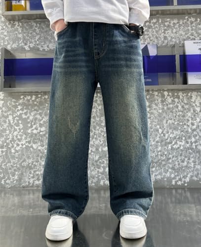 Kids Boys Streetwear Elastic Waist Wide Leg Baggy Cargo Denim Cotton Jeans Pants with Pocket for 4-14 Years4