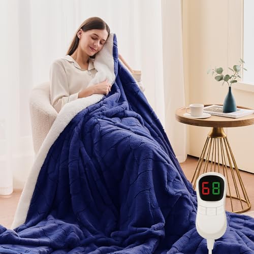 Image of Homemate Heated Throw Electric Blanket - 130x160cm Luxury Faux Fur Sherpa Heated Throw, 1/2/4/6/8 Hours Auto-Off 10 Heat Levels Digital Control With Over-Heat Protection Navy Blue